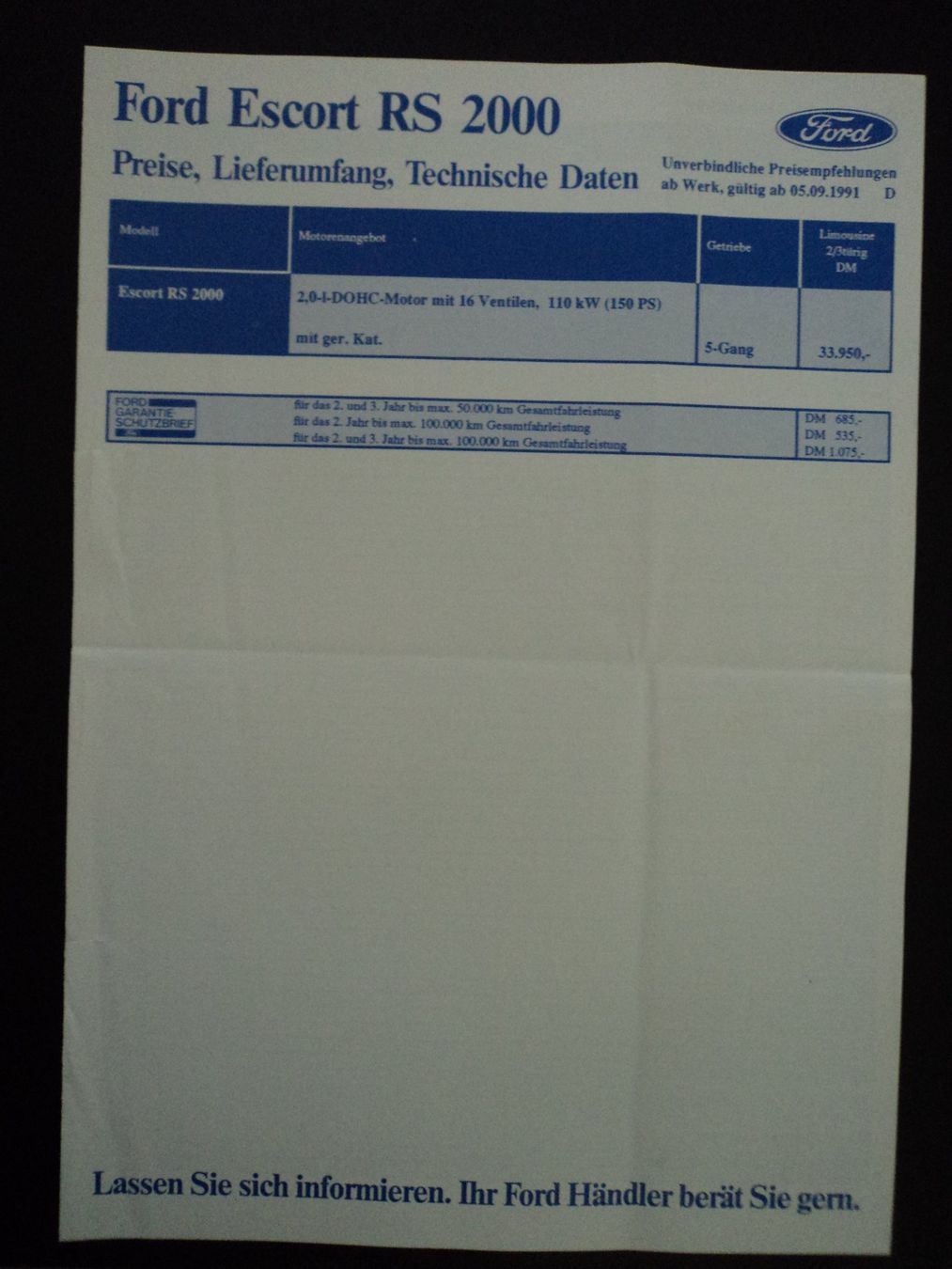 Ford Documenti: Prospekt Preise Technische Daten Ford Escort RS 2000 1991 – Usato da Schwarzenburg venduto da modelCARama 1