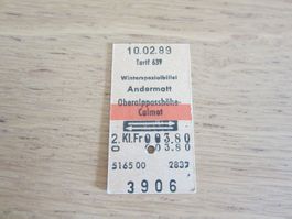 Billett Andermatt Oberalppasshöhe, gestempelt 10.02.89, Kleb