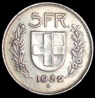 Top Silber 5 Franken 1952 Schweiz Rar