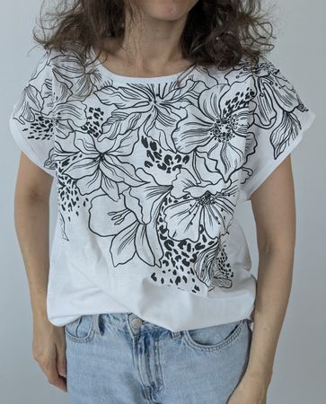 Damen T-Shirt weiss Blumenprint Grösse L 100% Baumwolle