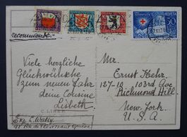PJ 1928, Serie J45-J48 auf PJ-Karte, GENEVE nach USA