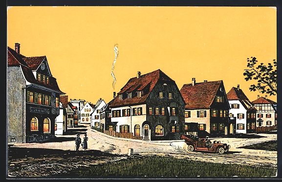 Cartoline postali: Eugen Felle: Donaueschingen, Käferstras – Usato da Berlin venduto da bartko-reher