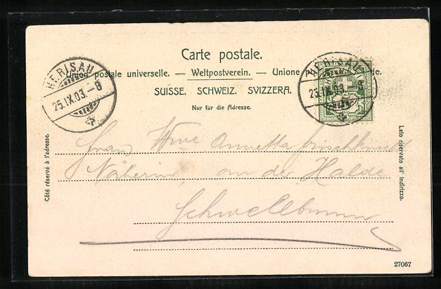 Cartoline postali: AK Herisau, Partie am Postgebäude, 1903 – Usato da Berlin venduto da bartko-reher 1