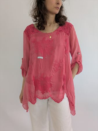 Rosafarbenes Sommer Top mit Stickerei, 30% Seide