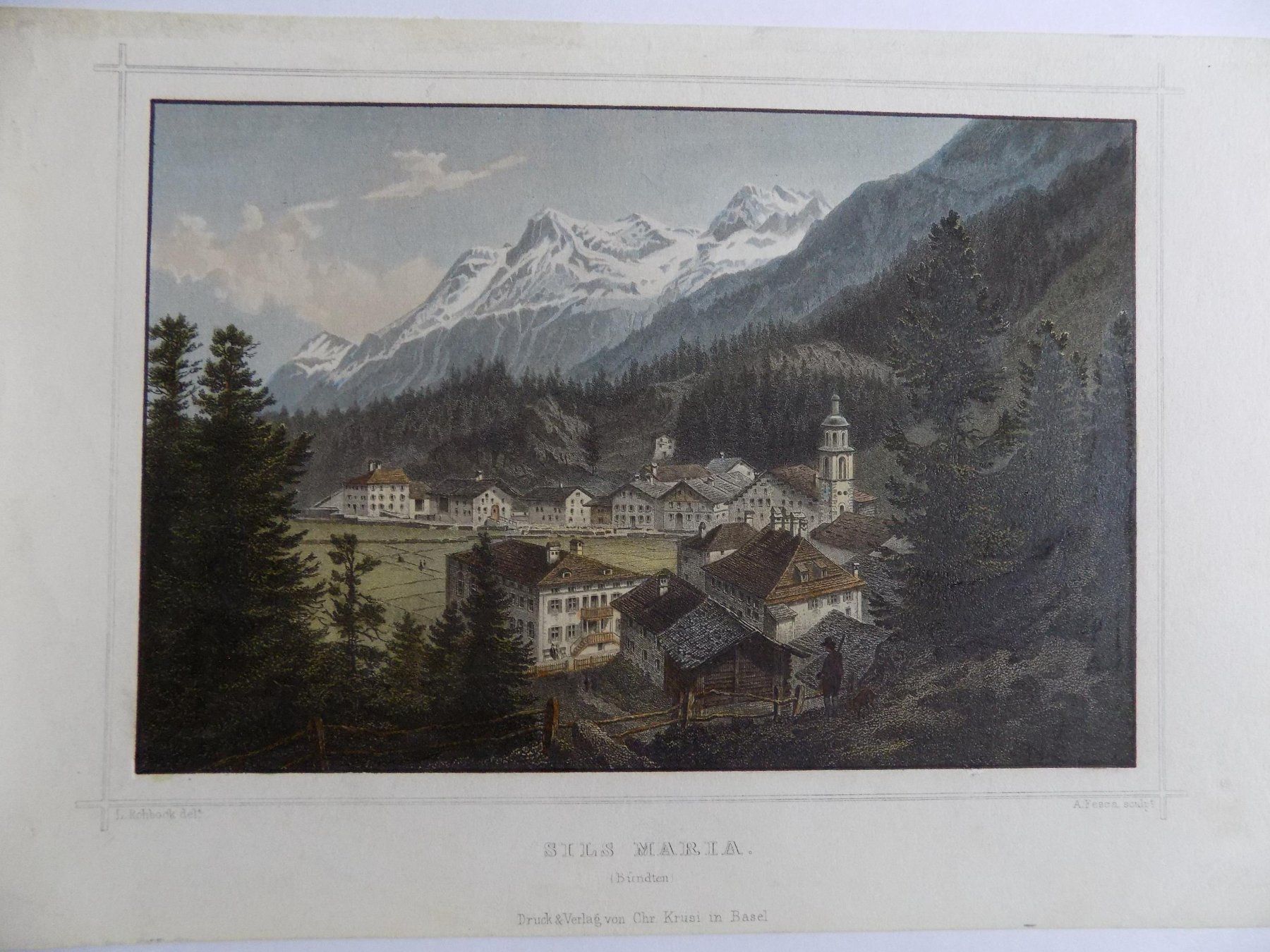 Incisioni: Sils Maria Engadin kolorierter Stahlstich Rohbock – Usato da Risch venduto da Antikfee 7