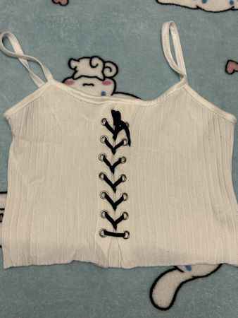 White Ribbed Lace-Up Crop Top Y2K