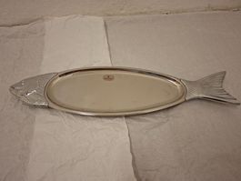 Fischplatte Cromargan Edelstahl 18/10 mit Holzunterlage