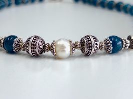 Collier Apatit mit Katzenauge, Perlen & viel Silber 925