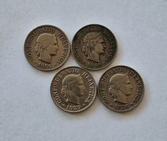 4 Stück 10 Rappen Münzen 1884, 1919, 1926 und 1929