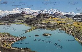 Vogelschau-AK Zürich-See, Stempel Etzel Kulm, gelaufen 1921