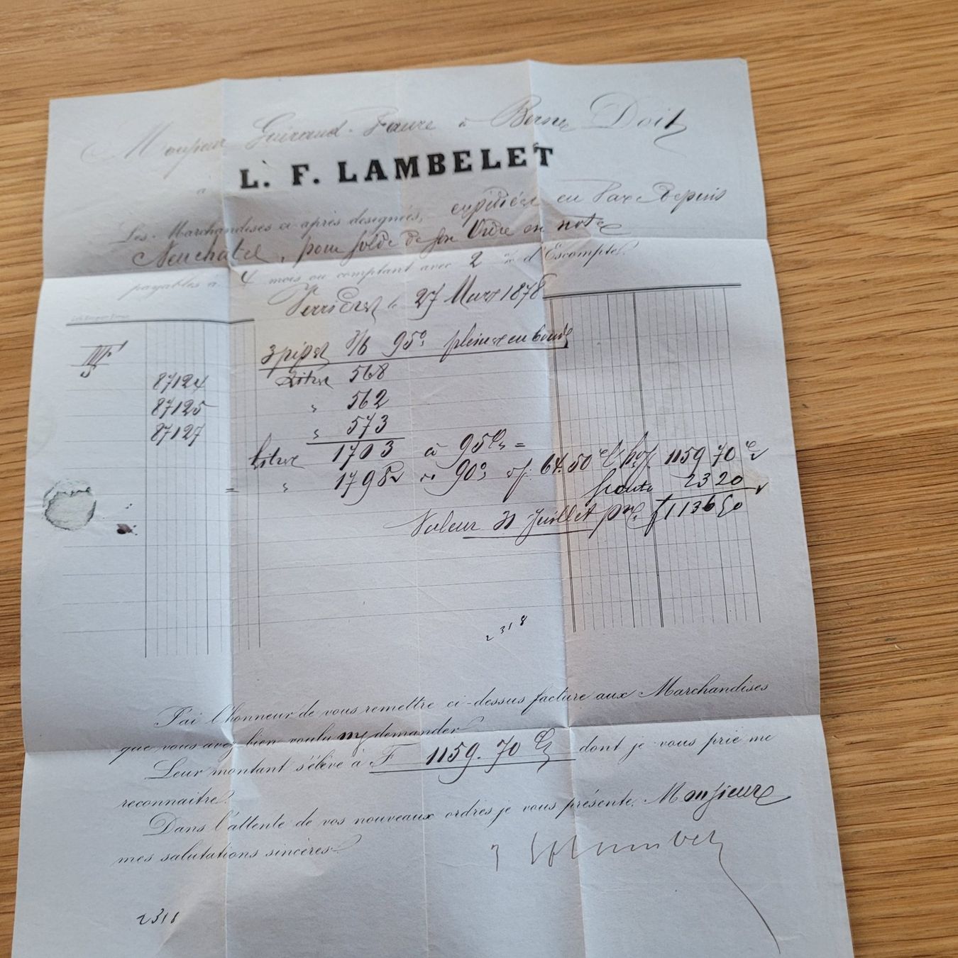 Tous les timbres: Document Verrières 1878 Bern L.F.Lambelet – D'occasion à Biel/Bienne par Destockweb 1