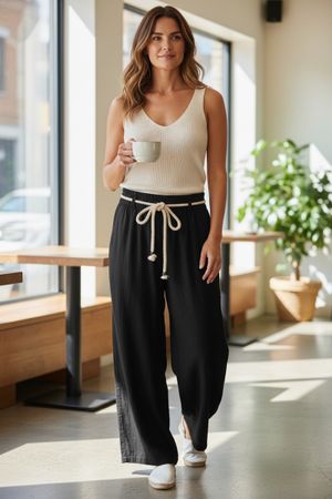 Damen Leinen Hose mit Gürtel schwarz m l 