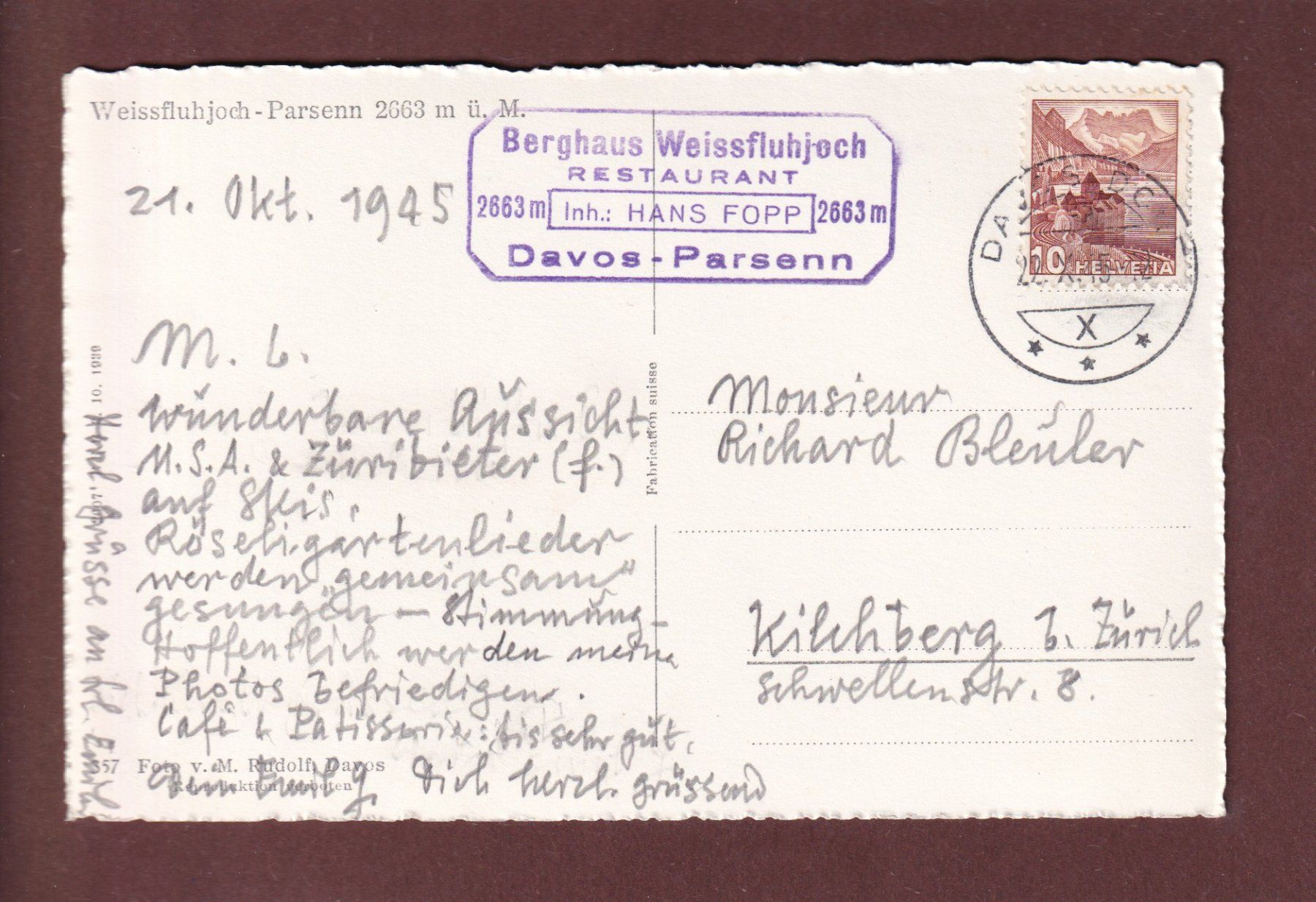 Cartoline postali: WEISSFLUHJOCH-PARSENN - 1945 – Usato da Pully venduto da nicecards 1