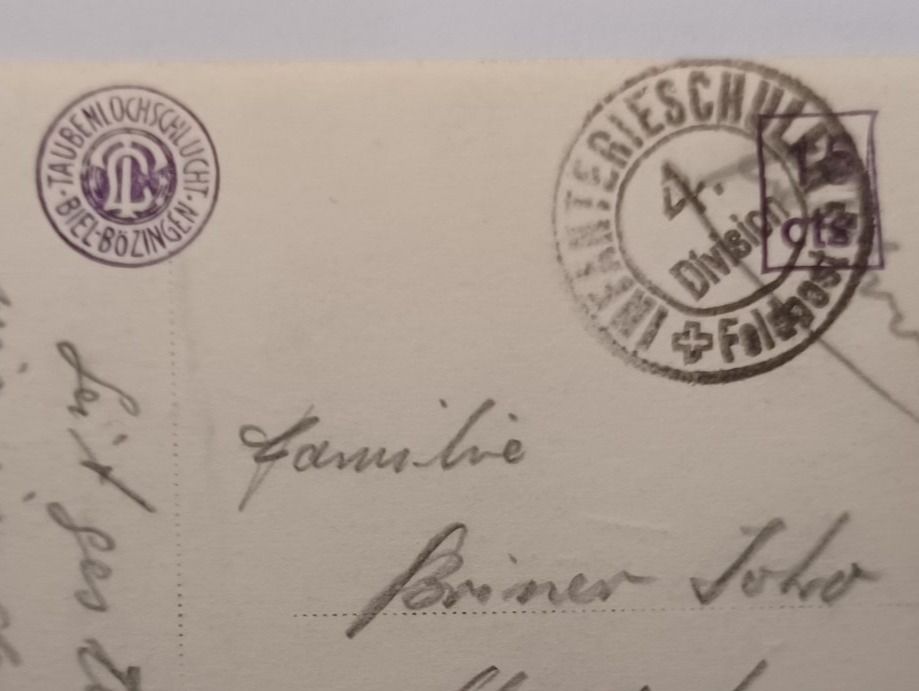 Cartoline postali: FELDPOST, Infanterieschule 4.Division, Taubenlochschlucht – Usato da Aarau Rohr venduto da mgvw 2