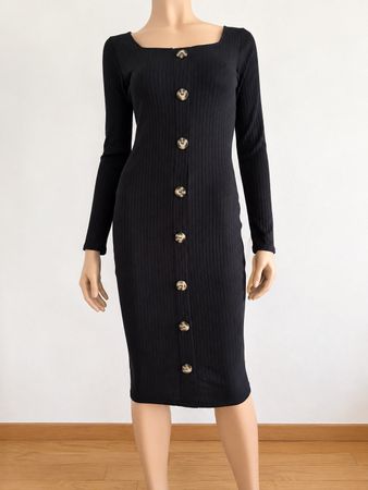 Fashion Nova schwarzes Midi Kleid Rippstrick Bodycon Knöpfe