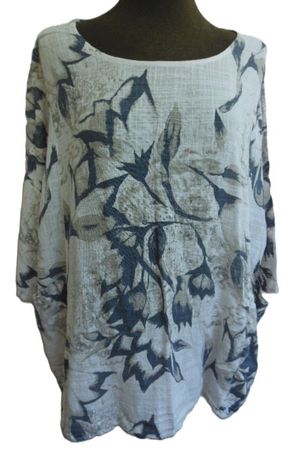 ca. Gr. 48 leichte Tunikabluse weiss blau grau Blumen sMasse