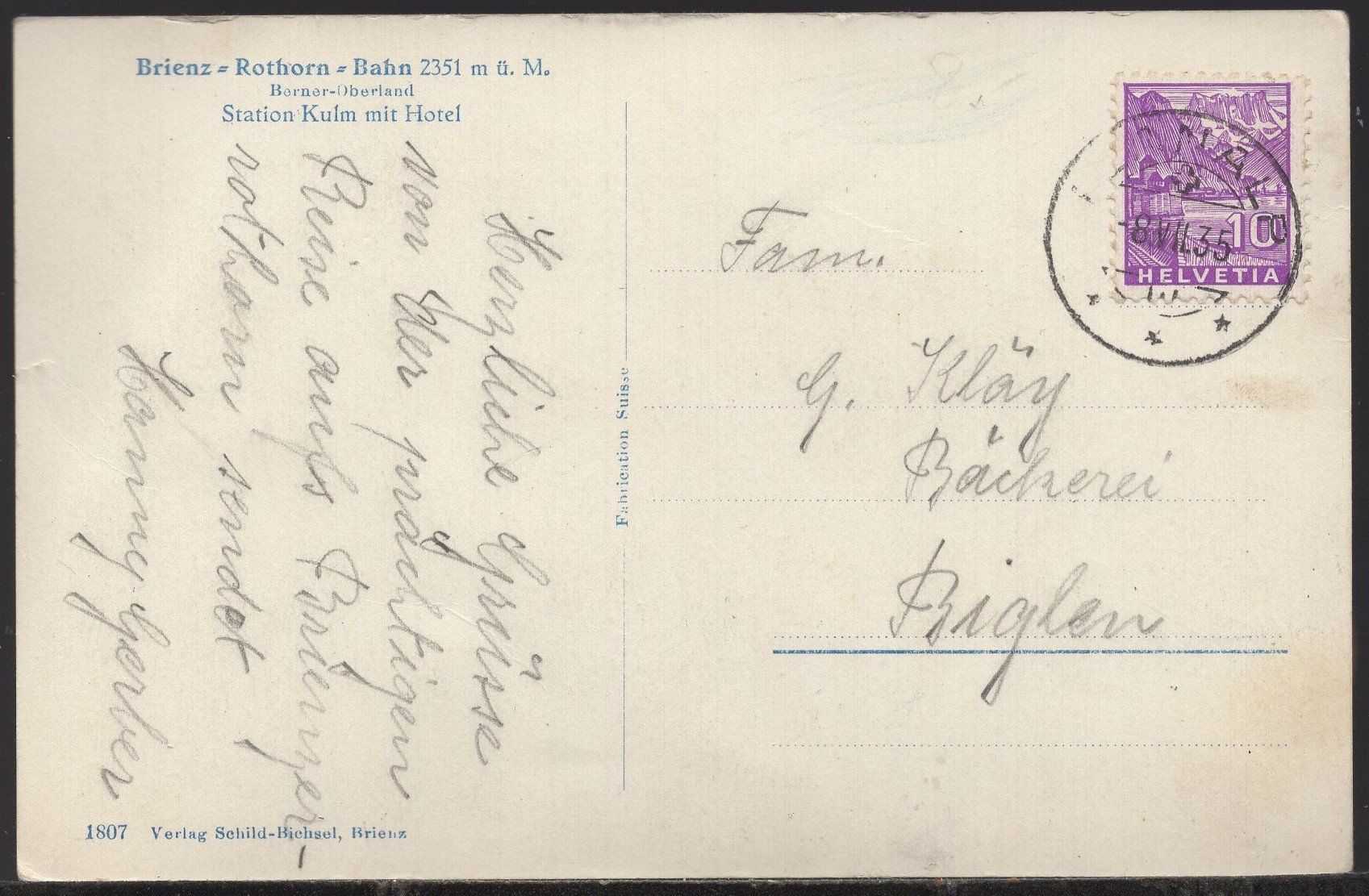 Cartoline postali: Brienz Rothornbahn  1935 – Usato da Aarau venduto da kufi44 2