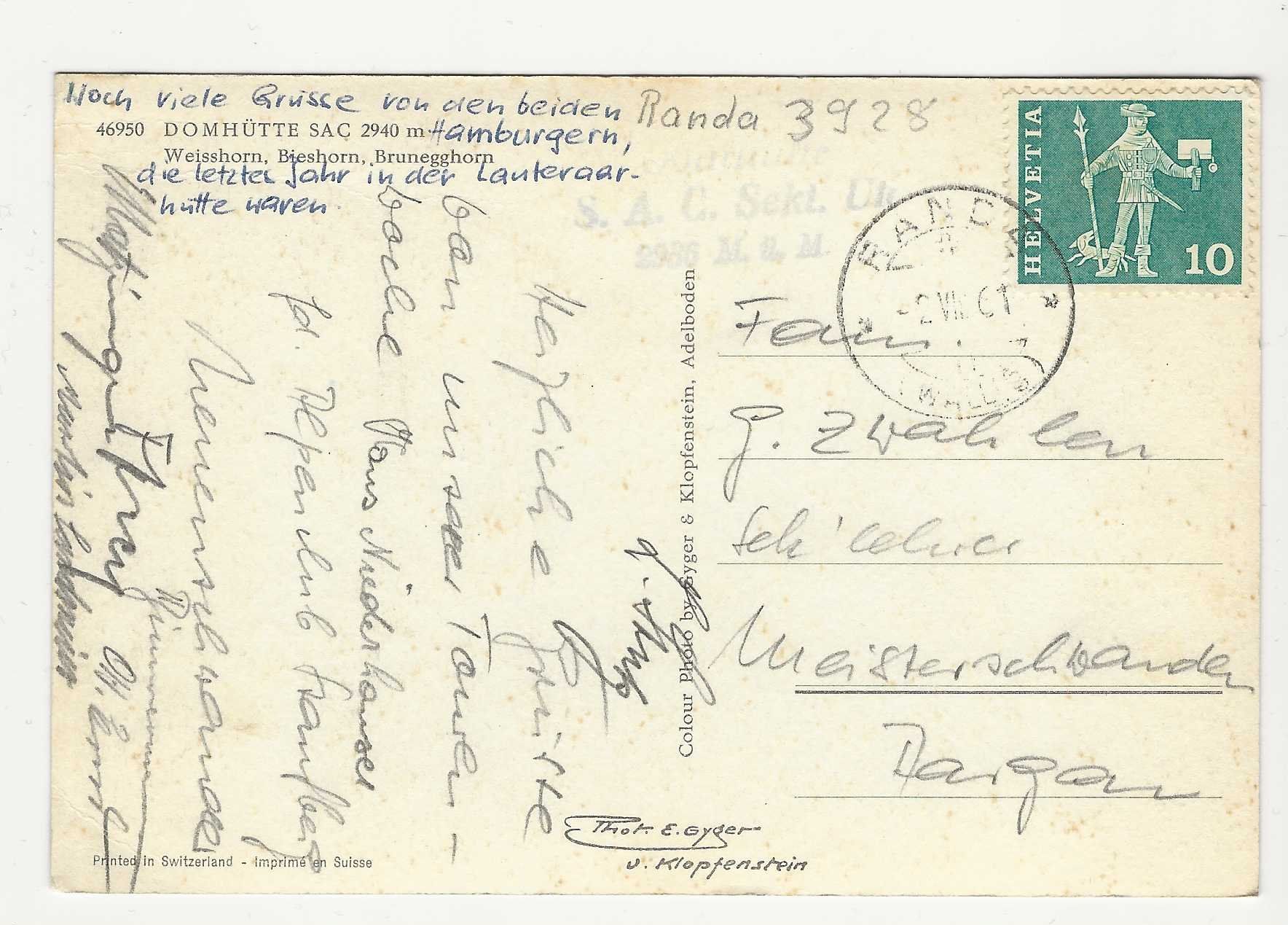 Cartoline postali: DOMHÜTTE  SAC    2940 m – Usato da Küttigen venduto da rolypo 1