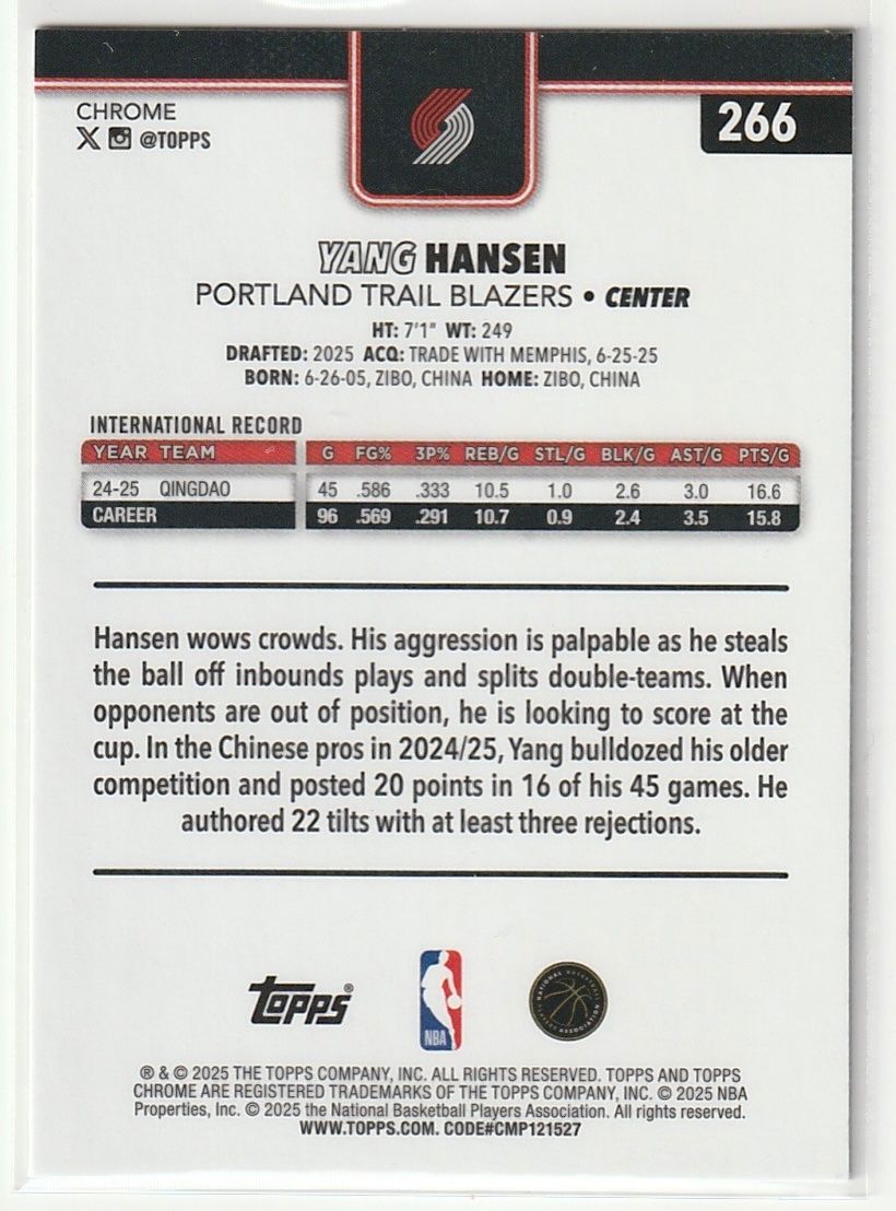 Topps Carte collezionabili: 2025 Topps Chrome Basketball Yang Hansen Refractor – Nuovo (secondo la descrizione) da Biel/Bienne venduto da historian-198 1