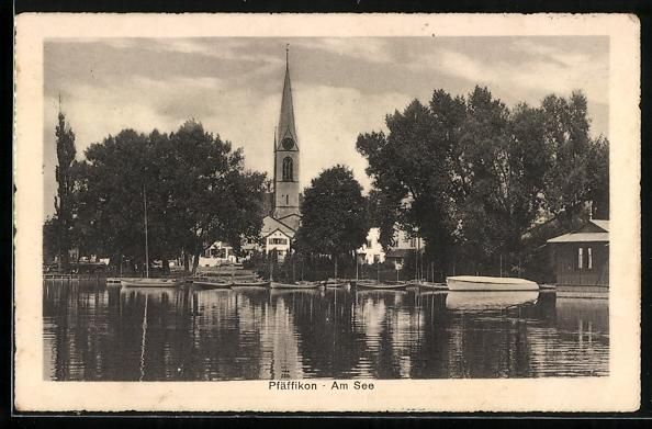 Cartoline postali: AK Pfäffikon /ZH, Am See mit Kirche – Usato da Berlin venduto da bartko-reher