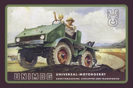 Blechschild-UNIMOG GRÜN AUF FELDSTRASSE