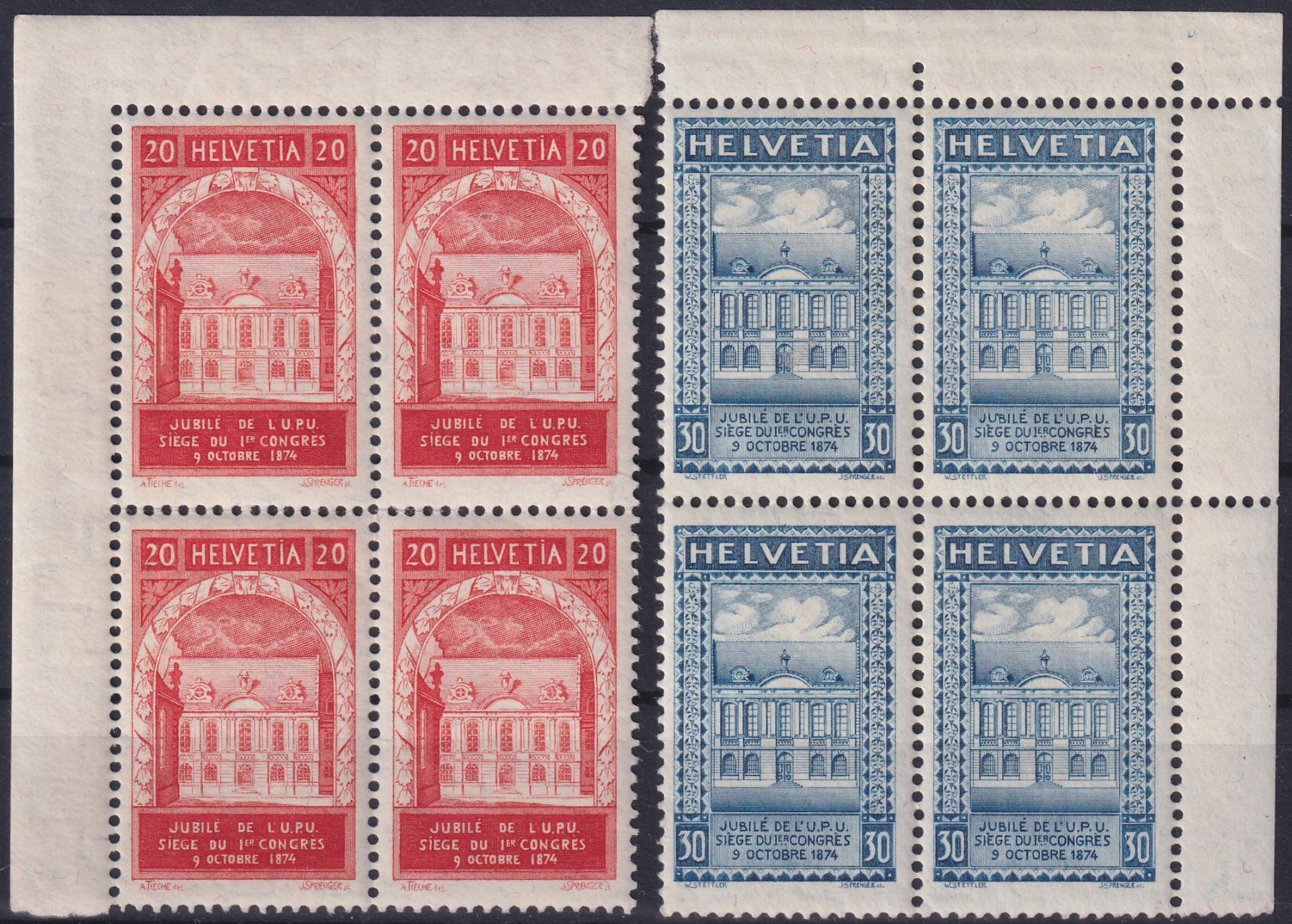 Tutti i francobolli: 1924, Nr.167+168 Viererblöcke postfrisch ** mit Eck-Tabs. – Usato da Sursee venduto da Luzernerraute
