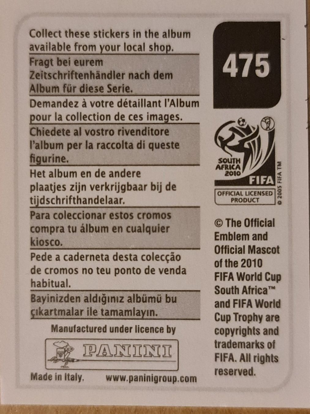 Panini Carte collezionabili: Panini WM 2010 Nr. 475 – Nuovo (secondo la descrizione) da Dintikon venduto da Prime-shop 1