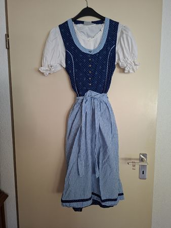Isar-Trachten Dirndl Gr. 164 blau/weiss inkl. Bluse & Schürz