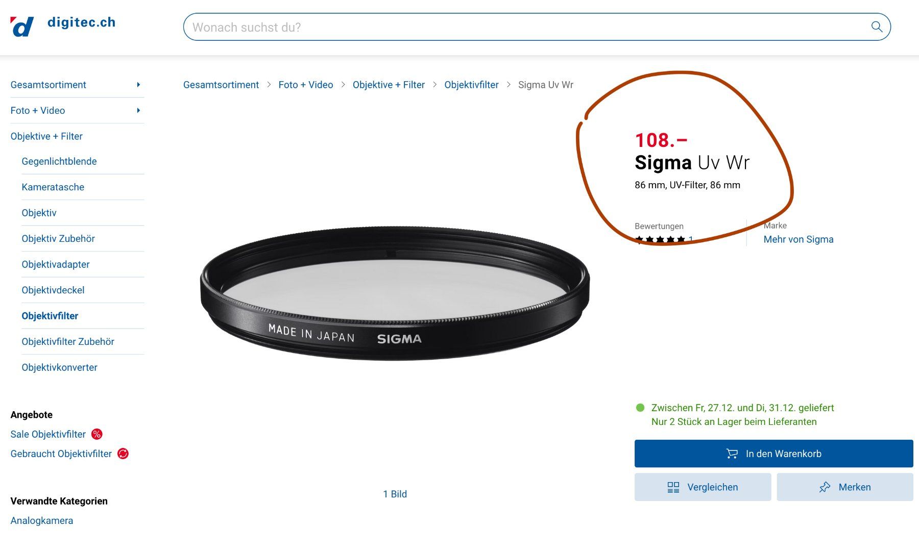 Filtri: SIGMA 86mm WR UV FILTER 86 – Usato da Emmen venduto da chromaton 1
