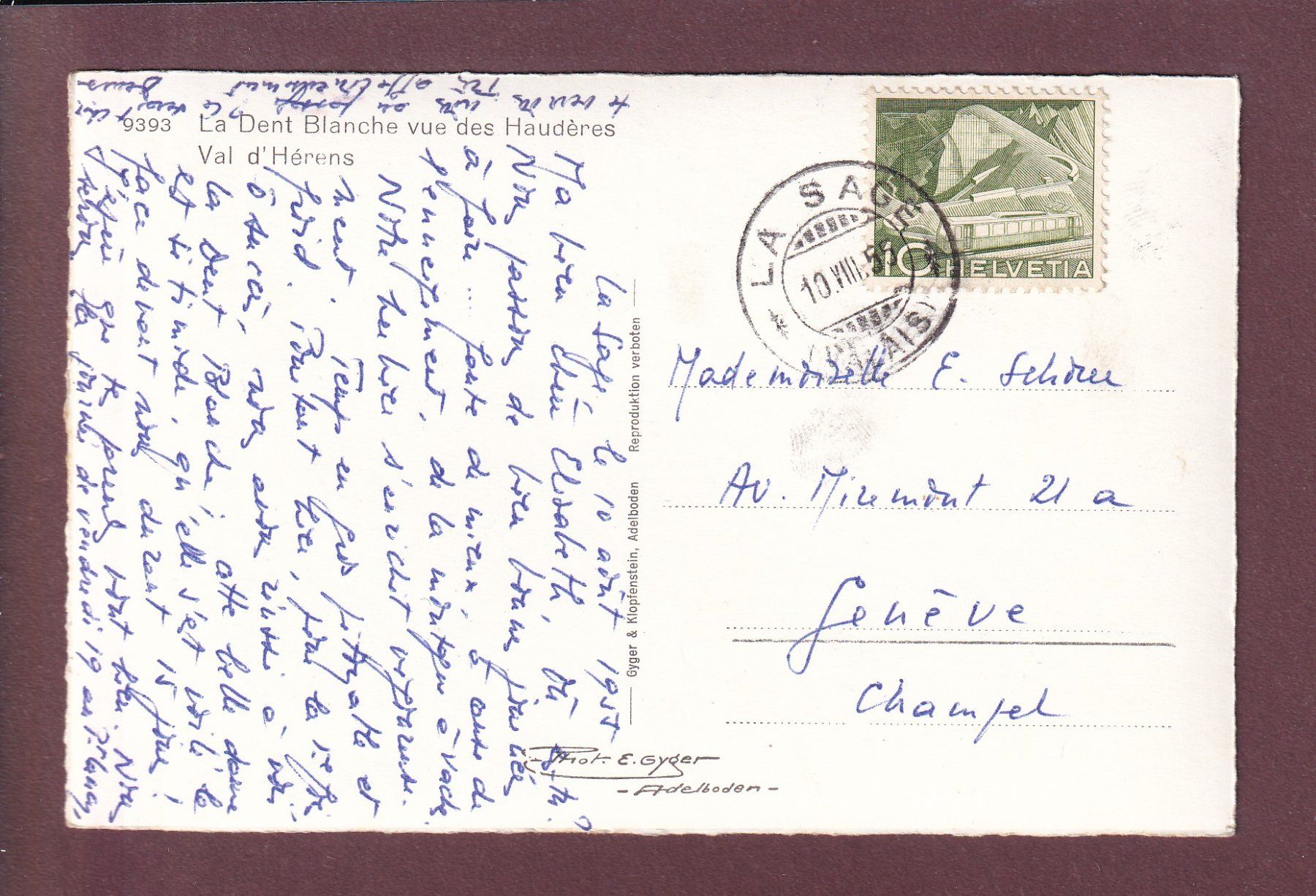 Cartoline postali: DENT BLANCHE vue des Haudères - 1955 – Usato da Pully venduto da nicecards 1