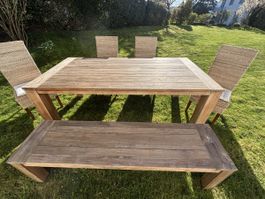 Massive wood Garden Dining Set for 6, Table, 2 benches & 4 C