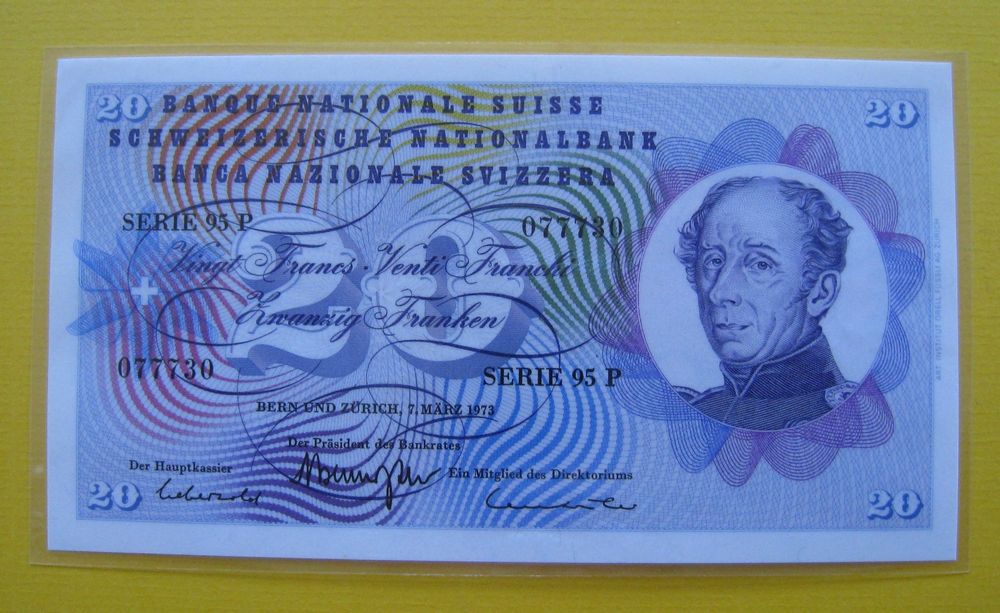 20 Fr.-Note 1973, 95 P / 077730, bankfrisch ( laminiert )! (Neu (gemäss ...