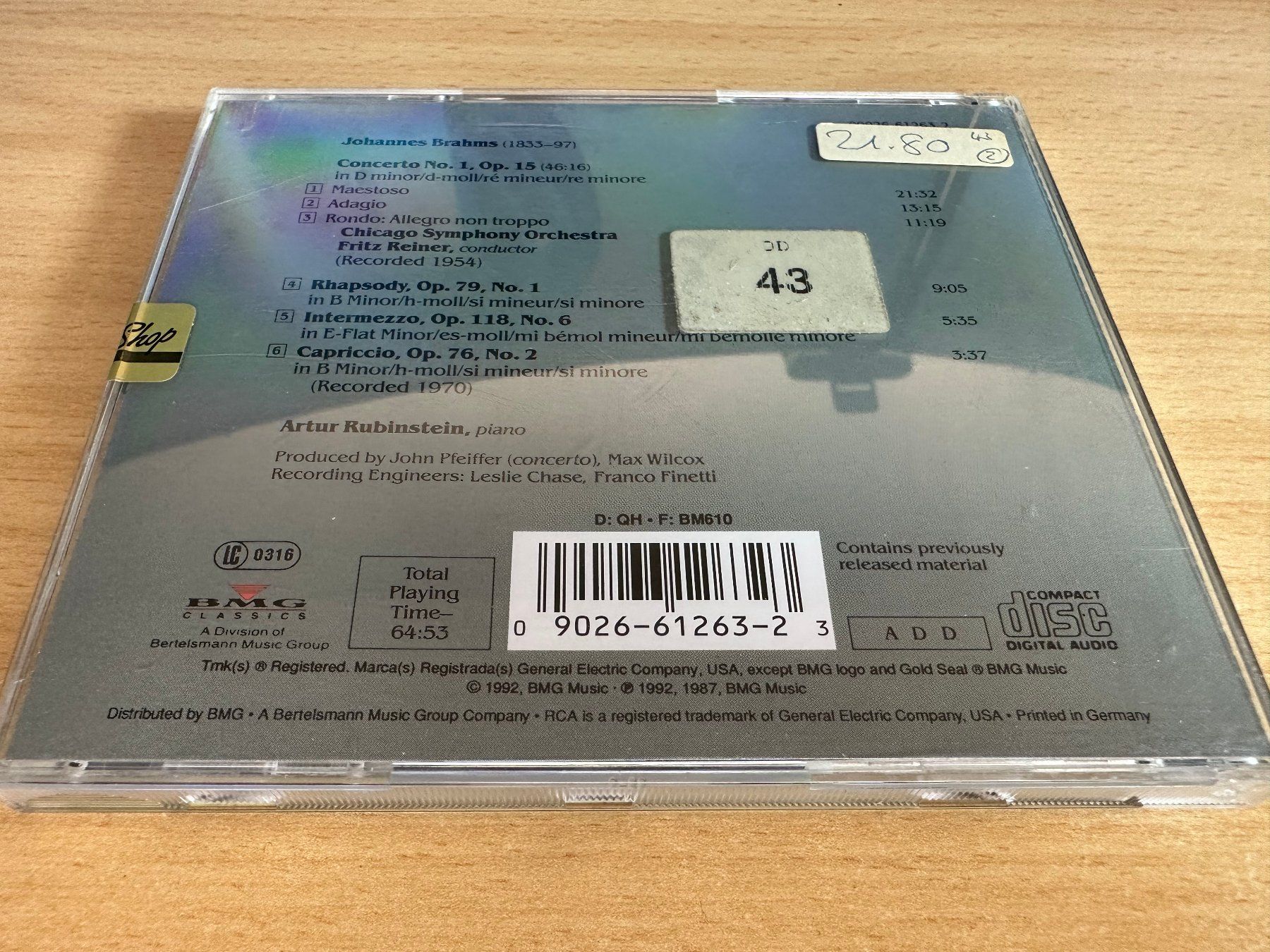 CD: Arthur Rubinstein, Brahms – Piano Concerto No. 1 – Usato da Rikon im Tösstal venduto da Alpenmutz 1