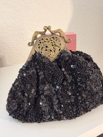 Sac à main vintage noir à paillettes avec miroir ✨👜