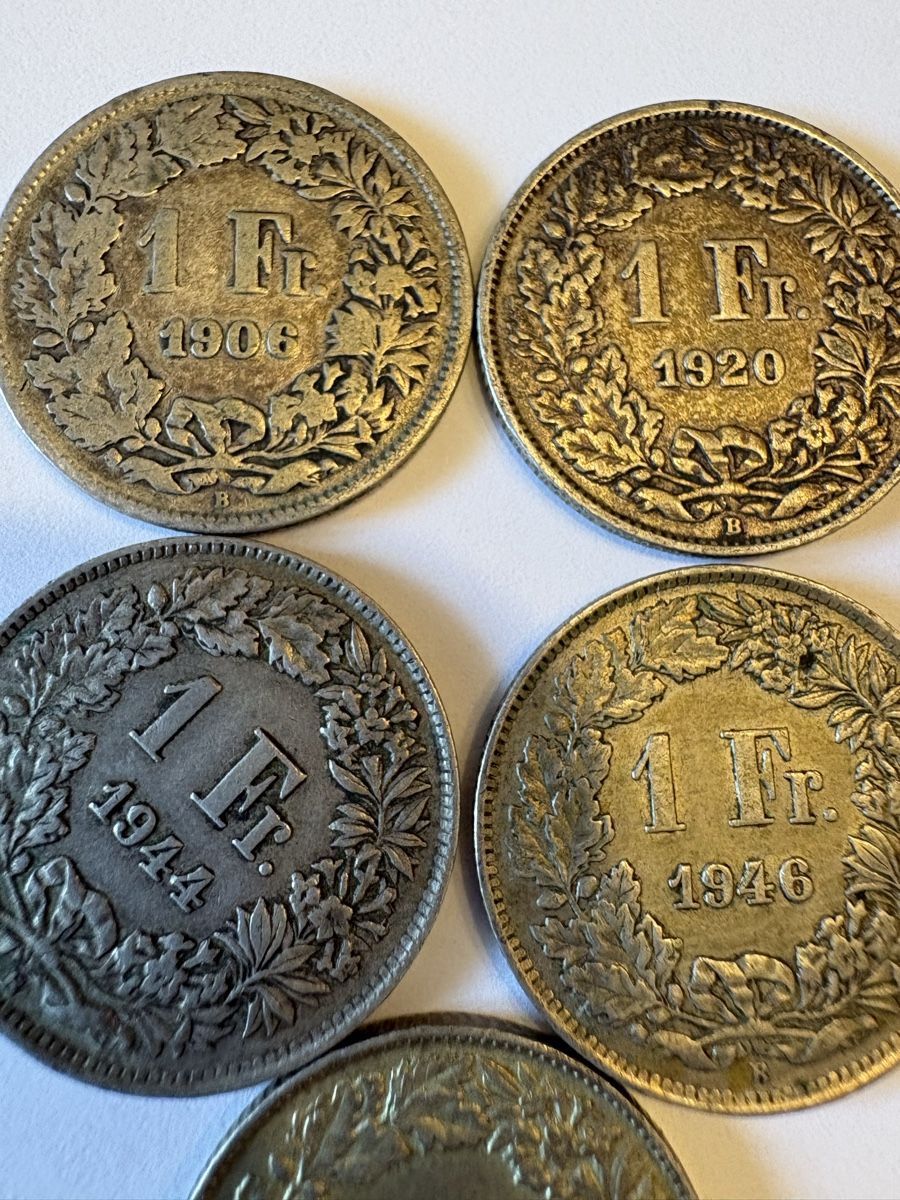 Alle Münzen: 1chf Silber 1920, 1906,,1944,1963,1946 – Gebraucht aus Murten von Tzaugg 2
