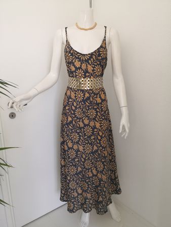 🤩BOHO-CHIC KLEID DUNKELBLAU MIT GOLD-BLUMENMUSTER NEU