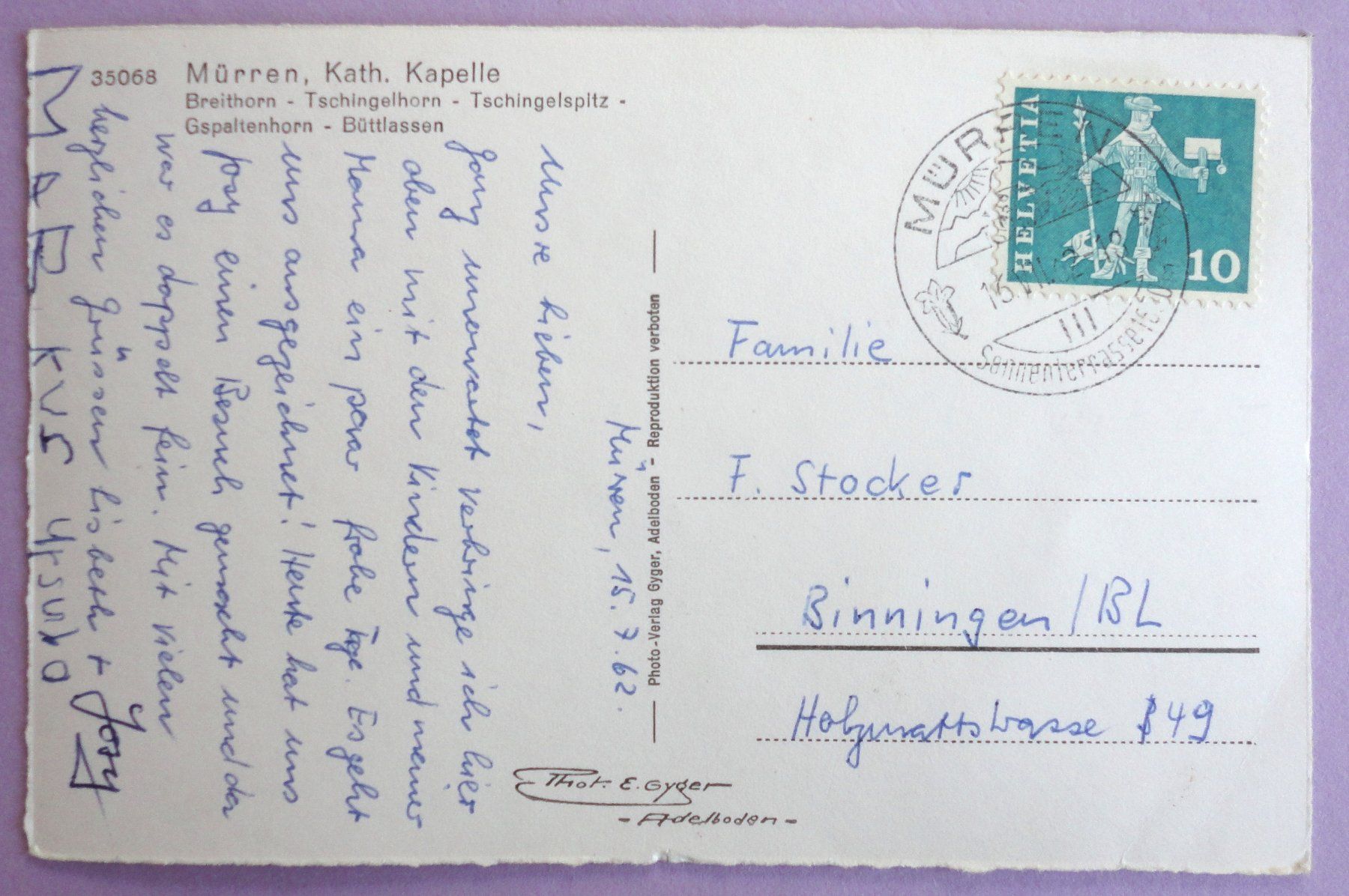 Cartoline postali: Mürren, Kath. Kapelle – Usato da Fétigny venduto da Billy2miny 1