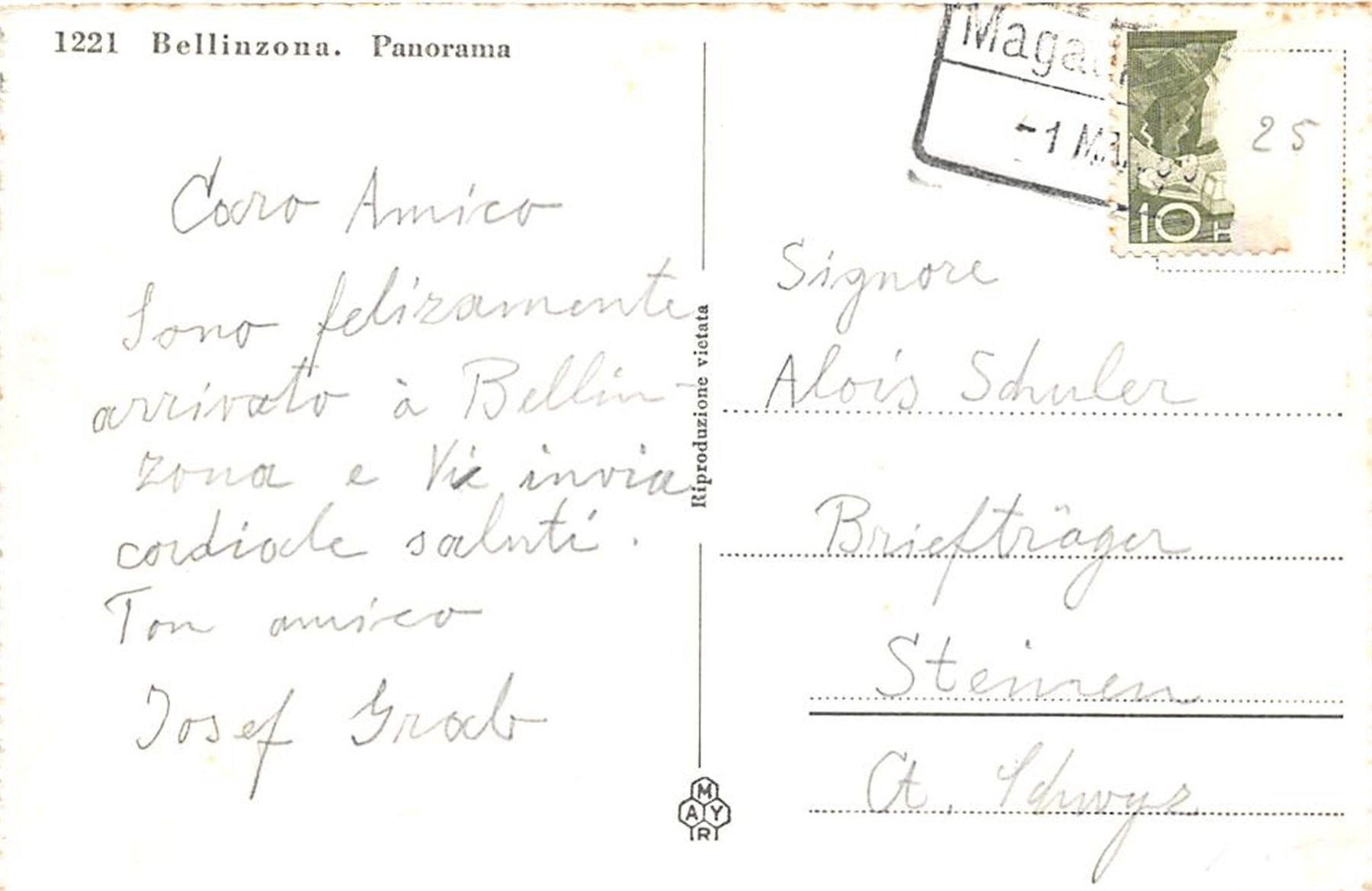 Cartoline postali: Bellinzona, Panorama – Usato da Ottikon b.Kemptth. venduto da Neptun1974 1