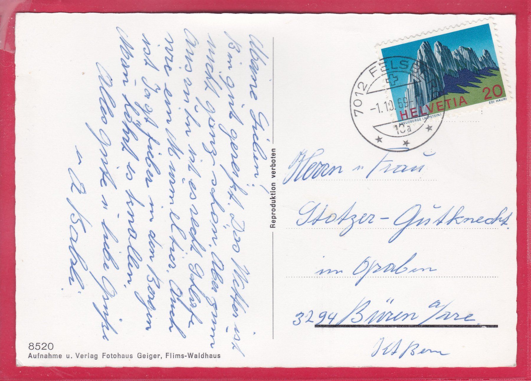 Cartoline postali: FELSBERG/GR (NEUDORF)1.10.1969 – Usato da Oberrieden venduto da Gebirgsstelze 1