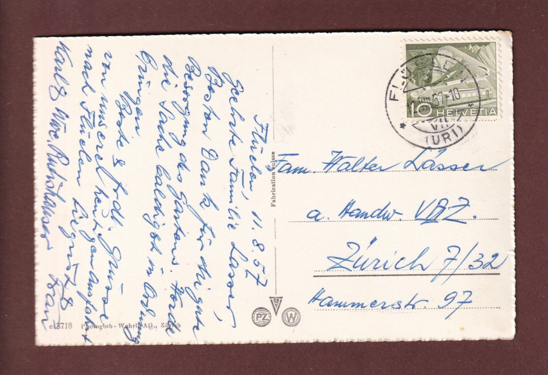 Cartoline postali: FLÜELEN gegen Axenstrasse - 1957 – Usato da Pully venduto da nicecards 1