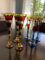 6 flûtes à champagne en verre artistique coloré – décor pein