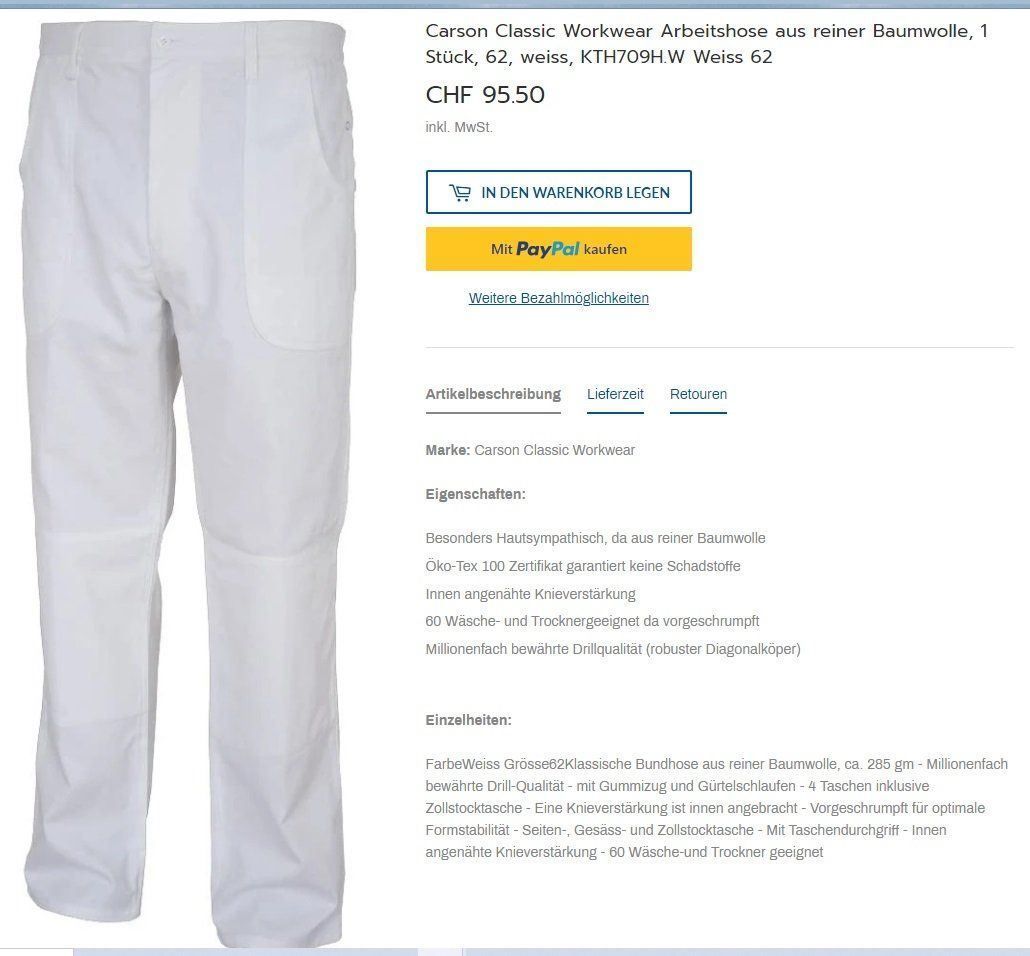 Pantaloni: Carson Malerhose, Gr. 42 %100 Baumwolle – Nuovo e nell'imballaggio originale da Uerkheim venduto da Kaufoption