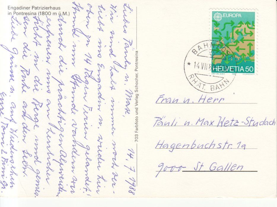Cartoline postali: Pontresina 1988 – Usato da Bürglen TG venduto da StampGraf 1