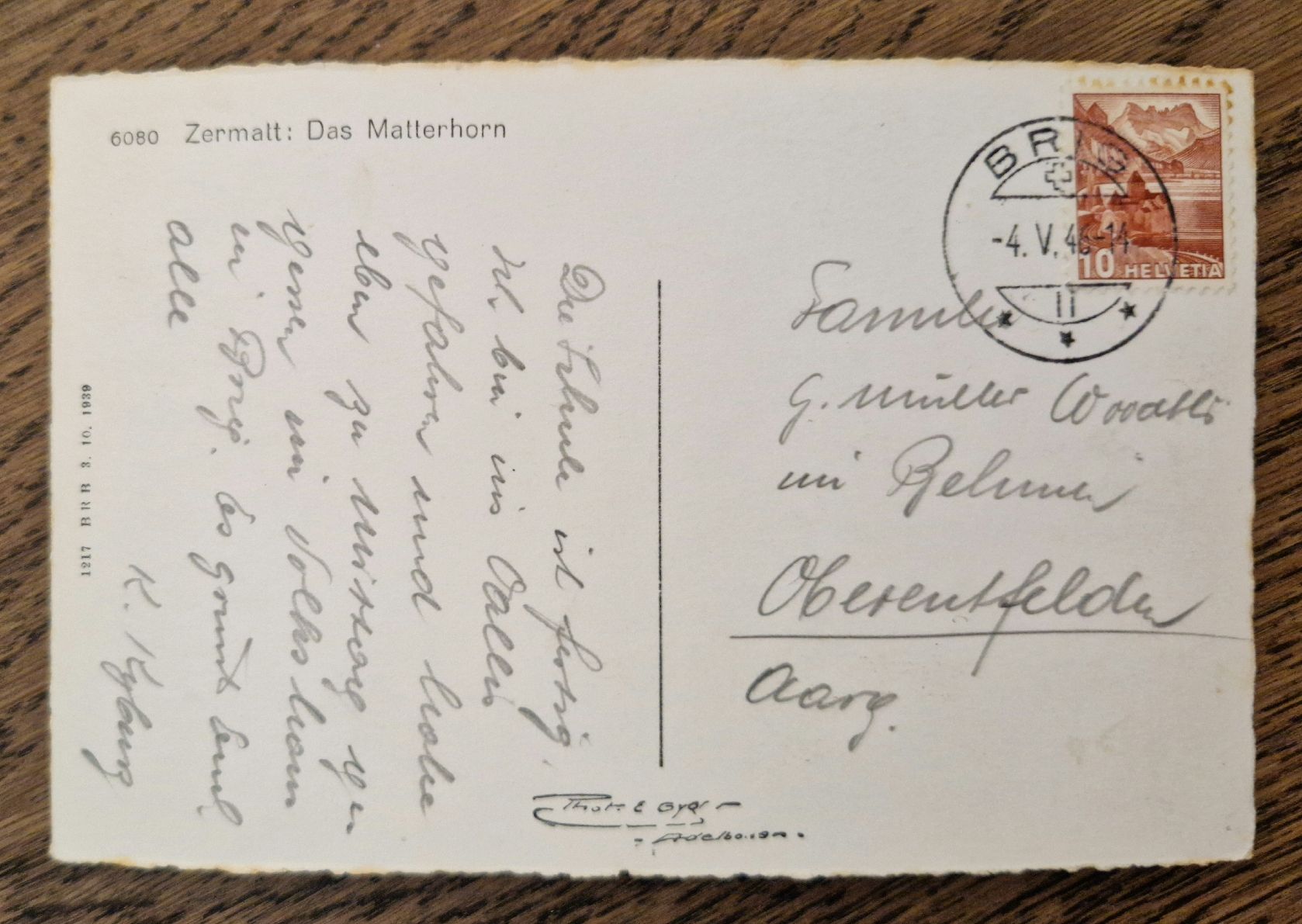 Cartoline postali: Matterhorn Zermatt 1946 – Usato da Ebikon venduto da Donar50 1