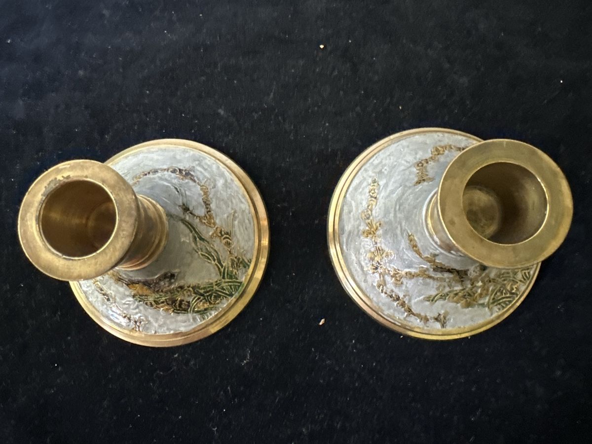 Portacandele: 2er Set Vintage Kerzenständer, Messing/Emaille, Deko Herbst – Usato da Zürich venduto da Chaeffeler 1