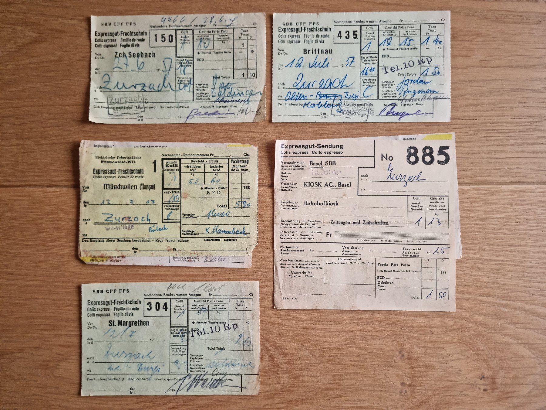 SBB/CFF/FFS Dokumente: 5 SBB-Frachtdokumente von 1957 – Gebraucht aus Bözberg von heinz-d