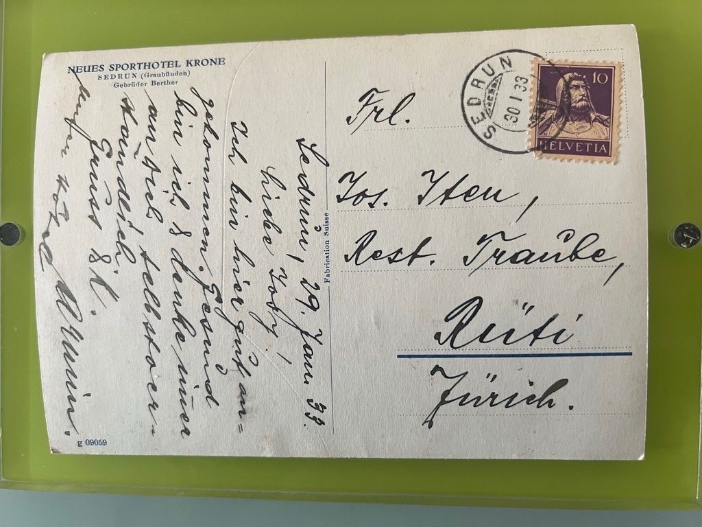 Cartoline postali: Sporthotel   Krone Sedrun Graubünden  1933 – Usato da Steinach venduto da Momoco 1