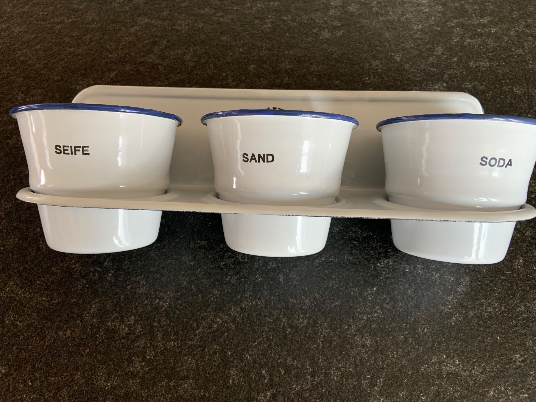 Portasapone: Vintage Emaille Set "Seife, Sand, Soda" mit Tablett – Usato da Waldstatt venduto da pfa_f8t8 3