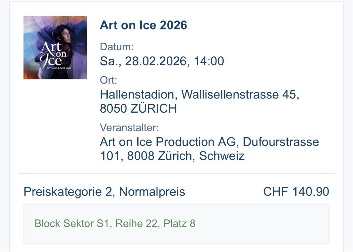 Billets: Art on Ice 2026 Sa. 28.02., Top Platz – Neuf avec emballage d'origine à Zürich par chr_ypn8 1