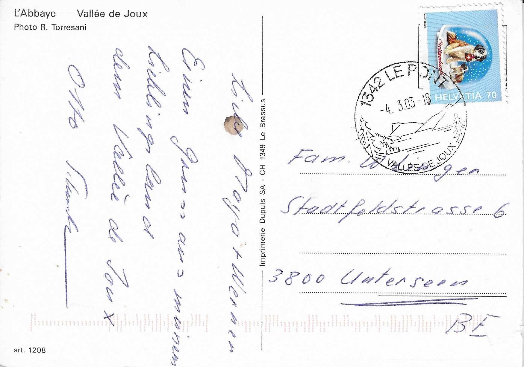 Cartoline postali: L'Abbaye-Vallée de Joux VD – Usato da Rothrist venduto da Stranglehold 1
